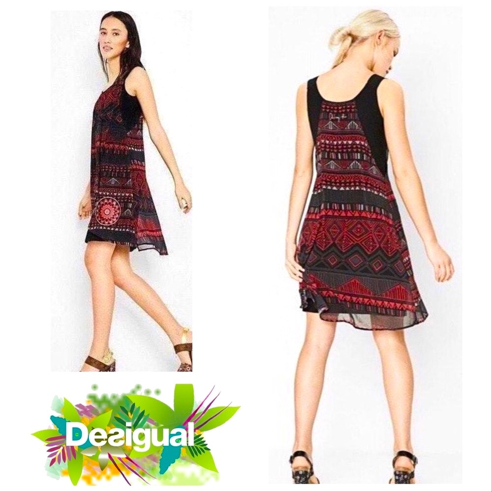 PERFECT! Desigual fun fashion Asymmetrical Dress ethnic bold pattern black red